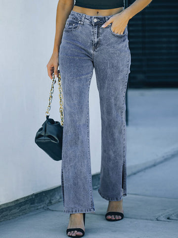 Woochic longue jeans fentes à la base flare évasé mi taille femme mode Bleu foncé S
